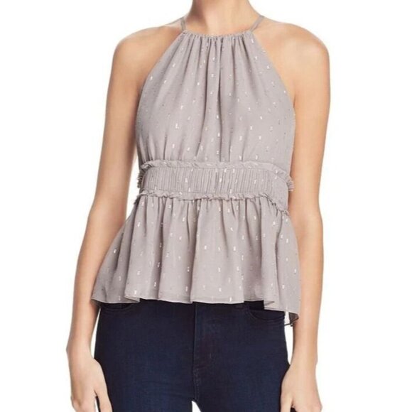 Joie Silk Gray Silver Metallic Dot Cami L Peplum Romantic Minimalist Chic - Picture 1 of 12